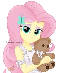 Size: 836x1056 | Tagged: safe, artist:fluttershy_art.nurul, derpibooru import, fluttershy, butterfly, human, insect, equestria girls, art, beautiful, brown, cute, eyeshadow, fanart, green eyes, image, looking at you, makeup, pink hair, plushie, png, simple background, solo, tape, teddy bear, white, white background