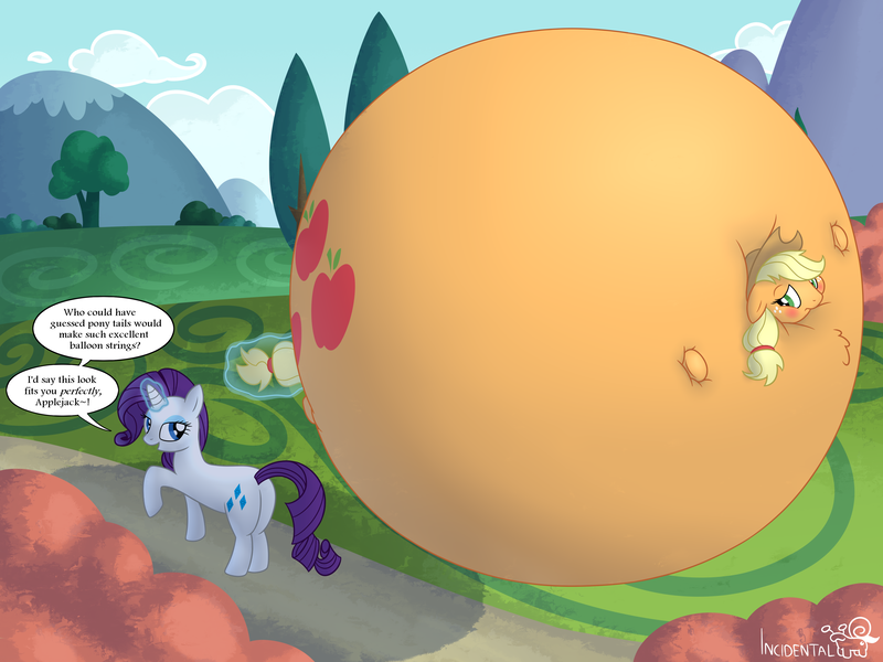 Size: 4160x3120 | Tagged: questionable, artist:incidental, derpibooru import, applejack, rarity, earth pony, pony, unicorn, air inflation, duo, female, females only, floating, glow, glowing horn, high res, horn, image, inflation, magic, magic aura, outdoors, png, puffy cheeks, raised hoof, speech bubble, spherical inflation, stretched cutie mark, telekinesis