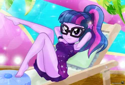 Size: 4973x3384 | Tagged: safe, artist:charliexe, sci-twi, twilight sparkle, human, equestria girls, i'm on a yacht, spoiler:eqg series (season 2), adorasexy, age difference, alternate hairstyle, arm behind head, armpits, ass, beach chair, beautiful, beautiful eyes, beautiful hair, beautisexy, bed, breasts, butt, clothes, cruise concert outfit, cute, dress, feet, female, glasses, hairpin, hairstyle, hand in hair, human coloration, image, jpeg, legs, looking at you, lounge chair, pillow, ponytail, pose, reasonably shaped breasts, reasonably sized breasts, relaxing, sci-twibutt, sexy, smiling, smiling at you, solo, solo female, stars, stupid sexy sci-twi, stupid sexy twilight, sultry pose, teenage girls, teenager, twibutt