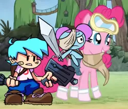 Size: 321x274 | Tagged: safe, artist:awesome toon, derpibooru import, edit, pinkie pie, earth pony, human, pony, adventure time, bag, bandage, boyfriend, clothes, cropped, dusk till dawn, female, friday night funkin', goggles, gun, hair bun, image, male, mare, pibby, png, pony ride, riding a pony, saddle bag, scarf, smiling, socks, sword, tree, unamused, weapon, youtube link