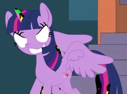 Size: 464x342 | Tagged: safe, artist:fasttoon, derpibooru import, twilight sparkle, twilight sparkle (alicorn), alicorn, pony, corrupted, dusk till dawn, error, evil twilight, female, friday night funkin', glitch, horn, image, mare, pibby, png, smiling, spread wings, wings, youtube link