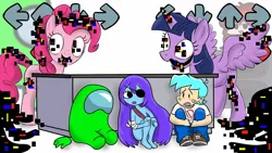 Size: 1280x720 | Tagged: safe, artist:fasttoon, derpibooru import, pinkie pie, twilight sparkle, alicorn, earth pony, human, pony, among us, arrow, bandage, boyfriend, corrupted, crewmate, dusk till dawn, error, eyepatch, female, friday night funkin', girlfriend, glitch, hiding, horn, image, jpeg, male, mare, pibby, sitting, smiling, speaker, spread wings, wings, youtube link