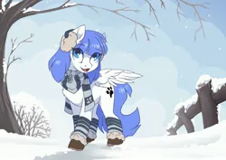 Size: 3508x2480 | Tagged: safe, artist:arctic-fox, derpibooru import, oc, oc:snow pup, unofficial characters only, pegasus, pony, boots, clothes, collar, earmuffs, eye clipping through hair, eyebrows, eyebrows visible through hair, image, jpeg, looking at you, open mouth, open smile, scarf, shoes, smiling, socks, solo, spread wings, wings