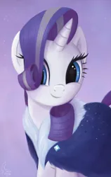 Size: 2712x4296 | Tagged: safe, artist:flutterstormreturns, derpibooru import, edit, rarity, pony, the last problem, clothes, colored, female, hair over one eye, head turn, image, looking at you, mare, older, older rarity, png, removed eyebag edit, signature, simple background, smiling, solo, three quarter view