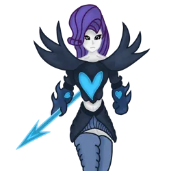 Size: 1000x1000 | Tagged: safe, artist:fluttershy_mop, derpibooru import, rarity, human, armor, belly button, clothes, crossover, determination, gloves, heart, image, png, simple background, skirt, socks, spear, stockings, thigh highs, transparent background, undertale, undyne, undyne the undying, weapon