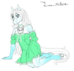 Size: 639x618 | Tagged: safe, artist:luna_mcboss, derpibooru import, oc, oc:althea, unofficial characters only, anthro, earth pony, pony, unguligrade anthro, blue coat, blue eyes, bow, clothes, coat markings, dappled, dress, earth pony oc, furry, furry oc, image, jewelry, long hair, necklace, png, simple background, white background, white mane