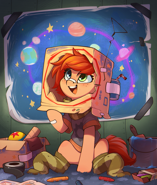 Size: 1218x1430 | Tagged: safe, artist:rexyseven, derpibooru import, oc, oc:rusty gears, unofficial characters only, earth pony, pony, ball, bandage, bandaid, bandaid on nose, cardboard box, clothes, crayon, crayons, cute, earth pony oc, female, filly, foal, heterochromia, image, looking up, open mouth, paint, paint bucket, paintbrush, png, scarf, shirt, sitting, socks, soda can, solo, straw, striped socks, tape, young