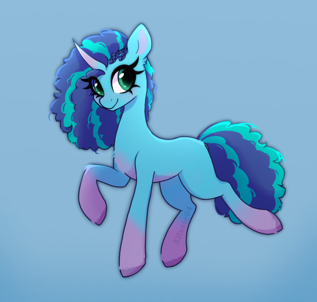 Size: 1950x1860 | Tagged: safe, artist:_alixxie_, derpibooru import, pony, unicorn, g5, blue background, coat markings, curly hair, curly tail, female, full body, image, looking at you, mare, misty brightdawn, png, simple background, smiling, socks (coat marking), solo, tail