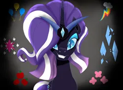 Size: 3850x2800 | Tagged: safe, artist:charmybeelikesmlp, derpibooru import, nightmare rarity, pony, unicorn, blue eyes, crown, cutie mark, digital art, eyeshadow, female, gray background, grin, high res, horn, image, jewelry, long horn, looking at you, makeup, mare, nightmarified, png, purple mane, purple tail, regalia, simple background, smiling, smiling at you, solo, tail, teeth