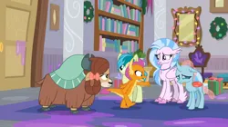 Size: 1600x898 | Tagged: safe, derpibooru import, screencap, ocellus, sandbar, silverstream, smolder, yona, changedling, changeling, classical hippogriff, dragon, earth pony, hippogriff, pony, yak, the hearth's warming club, angry, bookshelf, bow, cloven hooves, colored hooves, dragoness, female, hair bow, image, jewelry, male, monkey swings, necklace, png, present