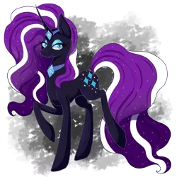 Size: 1024x1024 | Tagged: safe, artist:kankryvantas, derpibooru import, nightmare rarity, pony, unicorn, blue eyes, crown, curved horn, digital art, ethereal mane, eyelashes, eyeshadow, female, gem, horn, image, jewelry, lidded eyes, looking at you, makeup, mare, necklace, png, purple mane, purple tail, raised hoof, regalia, simple background, smiling, smiling at you, solo, sparkles, starry mane, starry tail, tail, transparent background, walking