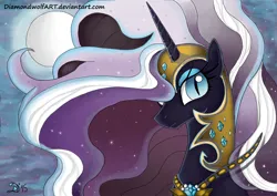 Size: 2554x1806 | Tagged: safe, artist:diamondwolfart, derpibooru import, nightmare rarity, pony, unicorn, blue eyes, digital art, ethereal mane, eyelashes, eyeshadow, female, flowing mane, gem, helmet, horn, image, jewelry, jpeg, looking at you, makeup, mare, moon, moonlight, night, peytral, purple mane, signature, sky, solo, sparkles