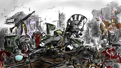 Size: 3200x1800 | Tagged: artist needed, semi-grimdark, derpibooru import, pony, unicorn, zebra, blood, body, corpse, death, gun, helmet, image, jpeg, machine gun, ponyville, ruins, sugarcube corner, vehicle, war, weapon