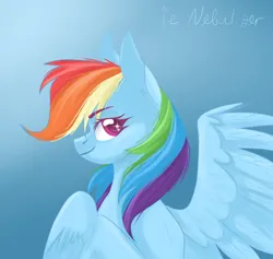 Size: 1684x1596 | Tagged: safe, artist:ie nebulizer, derpibooru import, rainbow dash, pegasus, pony, blue background, eyebrows, female, image, mare, multicolored hair, png, rainbow hair, simple background, smiling, solo, wings