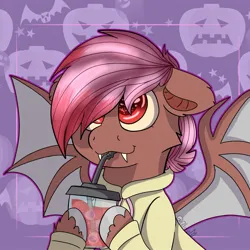 Size: 1439x1439 | Tagged: safe, artist:bluemoon, derpibooru import, oc, oc:heartstring fiddler, unofficial characters only, bat pony, bat pony oc, bat wings, bubble tea, clothes, hoodie, image, jpeg, wings