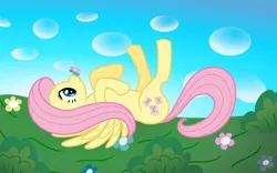 Size: 1920x1200 | Tagged: safe, alternate version, artist:mfg637, derpibooru import, fluttershy, butterfly, insect, pony, .svg available, butterfly on nose, derpibooru exclusive, female, image, insect on nose, lying down, mare, png, solo, vector, wallpaper