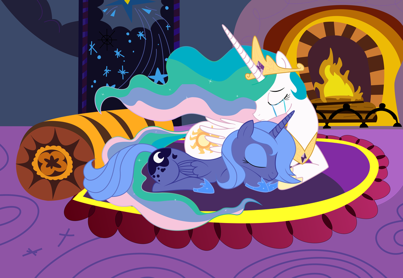 Size: 5403x3721 | Tagged: safe, artist:risingmoondragon, artist:walliscolours, derpibooru import, princess celestia, princess luna, alicorn, pony, crying, duo, eyes closed, female, fire, fireplace, image, lying down, png, prone, s1 luna