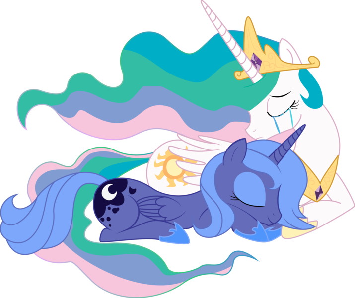 Size: 6590x5530 | Tagged: safe, artist:risingmoondragon, artist:walliscolours, derpibooru import, princess celestia, princess luna, alicorn, pony, crying, duo, eyes closed, female, image, lying down, png, prone, s1 luna, simple background, transparent background