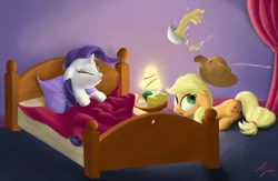 Size: 1680x1092 | Tagged: safe, artist:sameasusual, derpibooru import, applejack, rarity, earth pony, pony, unicorn, bed, duo, eyes closed, female, food, image, lamp, png, sick, sneezing, soup, spill, thermometer, tissue, tissue box