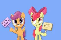 Size: 3000x2000 | Tagged: safe, artist:sameasusual, derpibooru import, apple bloom, scootaloo, earth pony, pegasus, pony, blue background, duo, fake moustache, female, image, png, sign, simple background