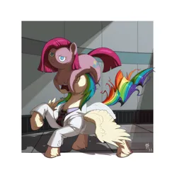 Size: 2500x2500 | Tagged: safe, artist:gor1ck, derpibooru import, pinkie pie, oc, oc:shooting star, earth pony, pegasus, clothes, commission, half-life, headcrab, high res, image, indoors, jpeg, lab coat, not rainbow dash, open mouth, pegasus oc, pinkamena diane pie, screaming, solo, tongue out, video game crossover, wings, ych result