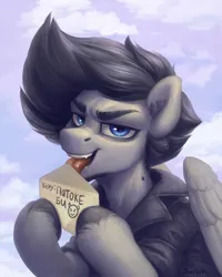 Size: 1600x2000 | Tagged: safe, alternate version, artist:jewellier, derpibooru import, oc, pegasus, pony, cloud, cloudy, envelope, image, letter, licking, looking at you, male, open mouth, pegasus oc, png, solo, stallion, tongue out, translated in the description, wings