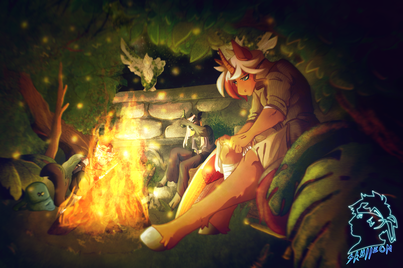 Size: 3600x2400 | Tagged: safe, artist:skylleon, derpibooru import, oc, oc:heartstring fiddler, anthro, anthro oc, armor, bandage, campfire, image, injured, knight, non-mlp oc, png, shield