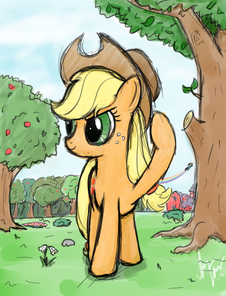 Size: 630x824 | Tagged: safe, artist:sameasusual, derpibooru import, applejack, rainbow dash, earth pony, pony, apple, apple tree, female, food, image, orchard, png, rainbow, solo focus, sweet apple acres, tree