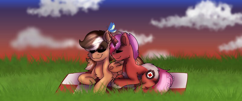 Size: 3439x1439 | Tagged: safe, artist:bluemoon, derpibooru import, oc, oc:heartstring fiddler, oc:zugatti, butterfly, insect, unicorn, horn, image, jpeg, old art, old cutie mark, picnic blanket, sunset, unicorn oc