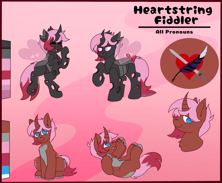 Size: 4084x3368 | Tagged: safe, artist:bluemoon, derpibooru import, oc, oc:heartstring fiddler, changeling, unicorn, changeling oc, horn, image, pink changeling, png, reference sheet, unicorn oc