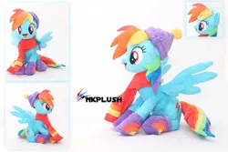 Size: 1095x730 | Tagged: safe, artist:nekokevin, derpibooru import, rainbow dash, pegasus, pony, boots, clothes, commission, craft, image, irl, jpeg, open mouth, open smile, photo, plushie, scarf, shoes, sitting, smiling, solo