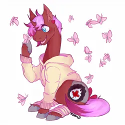 Size: 1300x1300 | Tagged: artist needed, safe, artist:moriiiimori, derpibooru import, oc, oc:heartstring fiddler, unofficial characters only, butterfly, insect, unicorn, bow, clothes, hoodie, horn, image, jpeg, old art, old cutie mark, simple background, unicorn oc, white background