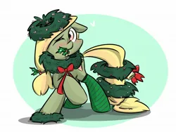 Size: 2048x1536 | Tagged: safe, artist:melodenesa, derpibooru import, oc, oc:festive pudding, unofficial characters only, earth pony, pony, christmas, clothes, earth pony oc, female, holiday, holly, holly mistaken for mistletoe, image, jpeg, simple background, socks, solo, transparent background, wreath