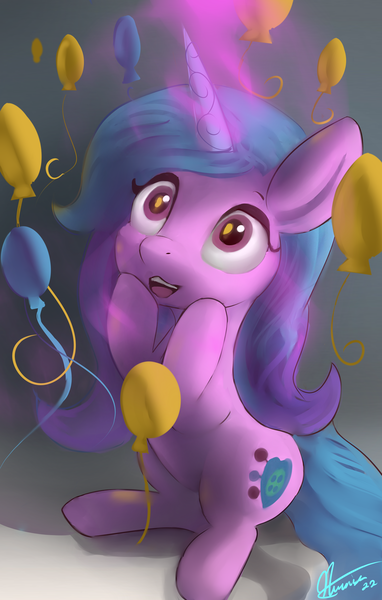 Size: 2800x4400 | Tagged: safe, artist:auroriia, derpibooru import, izzy moonbow, pony, unicorn, balloon, birthday, female, g5, glow, glowing horn, high res, horn, image, looking up, magic, mare, png, solo, the new pinkie pie