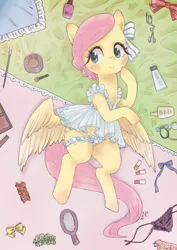 Size: 1448x2048 | Tagged: suggestive, artist:yanamosuda, derpibooru import, fluttershy, pegasus, pony, blushing, bottle, bow, braid, brush, clothes, cosmetics, eyelash curler, female, flacon, frilly, frilly underwear, garter, hair bow, hairbrush, image, jpeg, lingerie, looking away, makeup, makeup brush, makeup kit, mare, negligee, panties, pillow, smiling, solo, solo female, spread wings, underwear, vial, wings