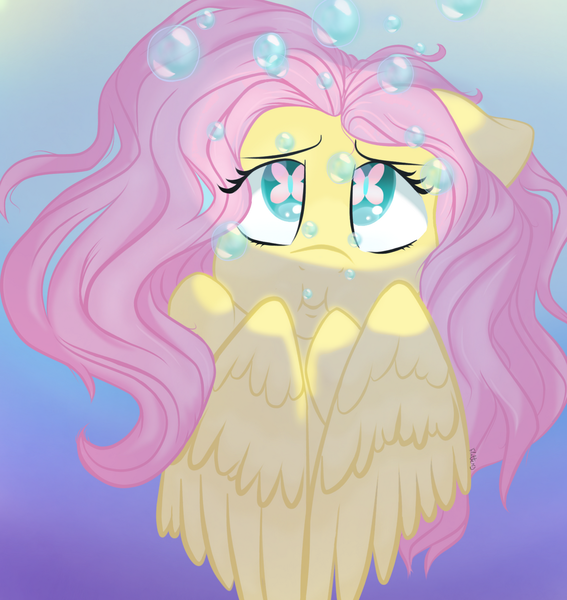 Size: 1280x1355 | Tagged: safe, artist:flutterbug18, derpibooru import, fluttershy, pegasus, pony, :i, air bubble, bubble, bust, cutie mark eyes, female, floppy ears, flowing mane, full face view, gradient background, holding breath, image, mare, png, puffy cheeks, solo, stray strand, underwater, water, watershy, wingding eyes, wings