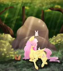 Size: 2500x2834 | Tagged: safe, artist:caramellatte2, derpibooru import, fluttershy, pegasus, pony, rabbit, squirrel, animal, bush, crepuscular rays, eye clipping through hair, eyes closed, female, folded wings, forest, grass, head turned, high res, image, lying down, mare, outdoors, png, prone, rock, solo, tree, wings