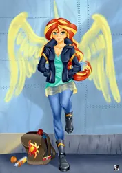 Size: 1000x1414 | Tagged: safe, artist:lord--opal, derpibooru import, sunset shimmer, equestria girls, backpack, breasts, hand in pocket, horn, human coloration, image, jpeg, looking at you, spray can, spray paint, wings