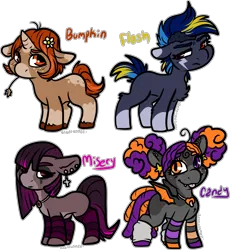 Size: 1609x1748 | Tagged: safe, artist:sexygoatgod, derpibooru import, oc, unofficial characters only, bat pony, earth pony, pony, unicorn, adoptable, chibi, clothes, country, ear piercing, female, floppy ears, flower, flower in hair, freckles, goth, halloween, holiday, image, jewelry, leg warmers, makeup, necklace, pacifier, piercing, png, running makeup, shaved head, socks, stockings, thigh highs, tongue out