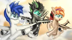 Size: 1920x1080 | Tagged: safe, artist:seki_98, derpibooru import, oc, oc:fededash, oc:maxipoiu, oc:monolith, original species, plane pony, pony, happy, image, plane, png, sky, war thunder