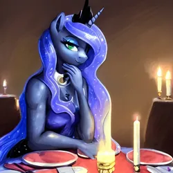 Size: 1024x1024 | Tagged: safe, derpibooru import, machine learning generated, stable diffusion, princess luna, alicorn, anthro, pony, candle, clothes, crown, dinner, dress, female, headwear, image, jewelry, lidded eyes, mare, png, regalia, sitting, smiling, solo