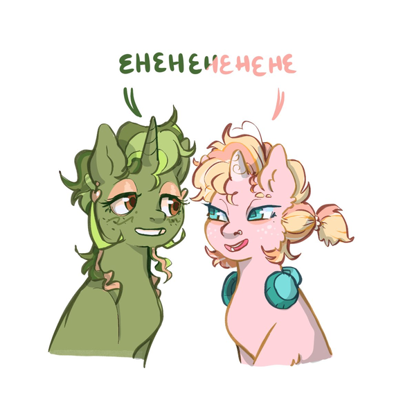 Size: 1144x1206 | Tagged: safe, artist:pinkponylemon, derpibooru import, oc, oc:pink lemonade, unofficial characters only, pony, unicorn, duo, ear piercing, earring, eyebrow slit, eyebrows, eyeshadow, freckles, headphones, image, jewelry, laughing, lidded eyes, looking at each other, looking at someone, makeup, nose piercing, nostril piercing, open mouth, open smile, piercing, png, simple background, smiling, white background