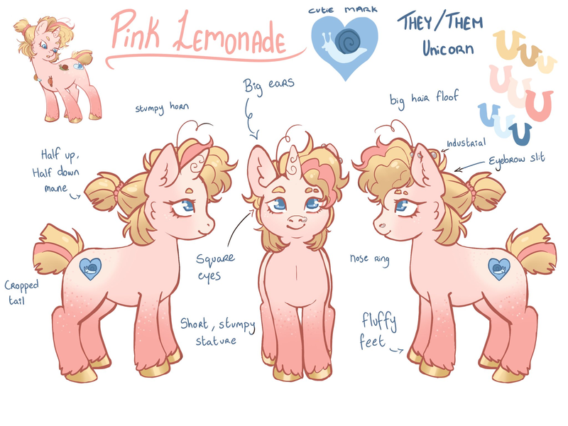 Size: 2048x1535 | Tagged: safe, artist:pinkponylemon, derpibooru import, oc, oc:pink lemonade, unofficial characters only, pony, snail, unicorn, ear piercing, earring, eyebrow slit, eyebrows, image, jewelry, looking down, nose piercing, nostril piercing, open mouth, piercing, png, ponysona, reference sheet, short tail, smiling, solo, tail, unshorn fetlocks