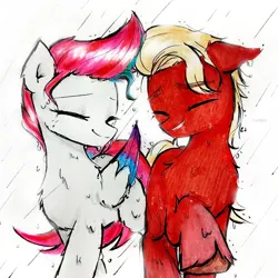 Size: 1968x1968 | Tagged: safe, artist:liaaqila, derpibooru import, sprout cloverleaf, zipp storm, earth pony, pegasus, pony, my little pony: a new generation, adorazipp, cute, drawing, duo, duo male and female, eyes closed, female, g5, image, male, mare, png, rain, shipping, simple background, smiling, sproutbetes, stallion, straight, traditional art, wet, wet mane, white background, zippsprout