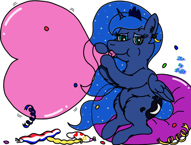 Size: 2425x1848 | Tagged: safe, artist:puffydearlysmith, derpibooru import, princess luna, alicorn, pony, balloon, beach ball, blowing up balloons, confetti, crown, derpibooru exclusive, ear fluff, ear piercing, earring, ethereal mane, female, heart, heart balloon, image, inflating, jewelry, lidded eyes, looking at you, loonerluna, mare, piercing, png, regalia, simple background, starry mane, starry tail, tail, that pony sure does love balloons, transparent background