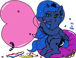 Size: 2425x1848 | Tagged: safe, artist:puffydearlysmith, derpibooru import, princess luna, alicorn, pony, balloon, beach ball, blowing up balloons, confetti, crown, derpibooru exclusive, ear fluff, ear piercing, earring, ethereal mane, female, heart, heart balloon, image, inflating, jewelry, lidded eyes, looking at you, loonerluna, mare, piercing, png, regalia, simple background, starry mane, starry tail, tail, that pony sure does love balloons, transparent background
