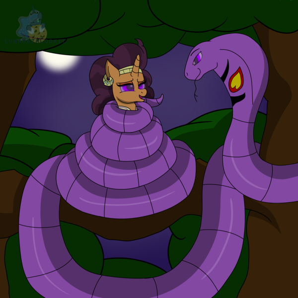 Size: 3000x3000 | Tagged: safe, artist:lunahazacookie, derpibooru import, princess luna, saffron masala, arbok, pony, unicorn, coils, female, forest, hypno eyes, hypnosis, image, kaa eyes, mare, outdoors, png, pokémon, tree