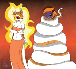 Size: 3375x3038 | Tagged: safe, artist:lunahazacookie, derpibooru import, daybreaker, princess luna, anthro, lamia, original species, breasts, cleavage, clothes, coils, constriction, crossed arms, hypno eyes, image, lamiafied, male, mane of fire, png, species swap, sweat