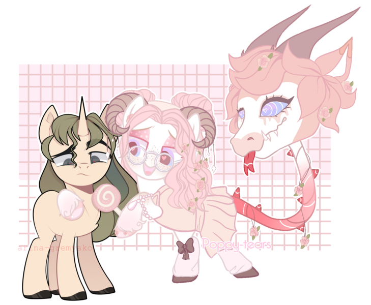 Size: 1280x1053 | Tagged: safe, artist:arina-gremyako, derpibooru import, oc, unofficial characters only, cow plant pony, monster pony, original species, plant pony, pony, unicorn, augmented, augmented tail, candy, collaboration, colored hooves, food, horn, horns, image, lollipop, plant, png, side hug, simple background, tail, tongue out, transparent background, unicorn oc