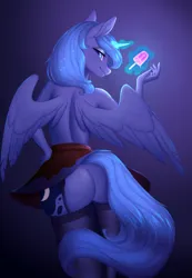 Size: 3020x4368 | Tagged: suggestive, artist:evlass, derpibooru import, princess luna, alicorn, anthro, ass, back, butt, clothes, female, food, garter straps, glow, glowing horn, horn, image, levitation, looking at you, looking back, looking back at you, magic, moonbutt, partial nudity, png, popsicle, skirt, socks, solo, solo female, stockings, telekinesis, thigh highs, topless